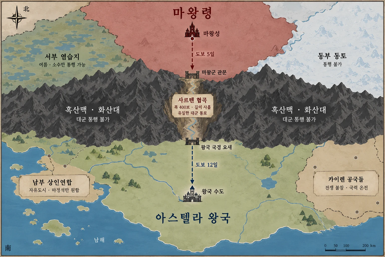 마왕령 지도. 북쪽 마왕령과 남쪽 아스텔라 왕국이 흑산맥 화산대로 갈려 있고, 가운데 사르텐 협곡 하나만 대군이 통과할 수 있다. 서쪽 염습지는 여름 한정, 동쪽 동토는 통행 불가. 남서쪽에 남부 상인연합, 남동쪽에 카이렌 공국들.
